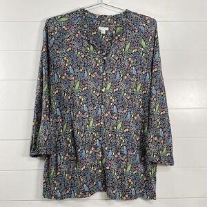 J Jill Shirt Womens Large Tall Black Floral Bird Print 3/4 Sleeve Tunic Top